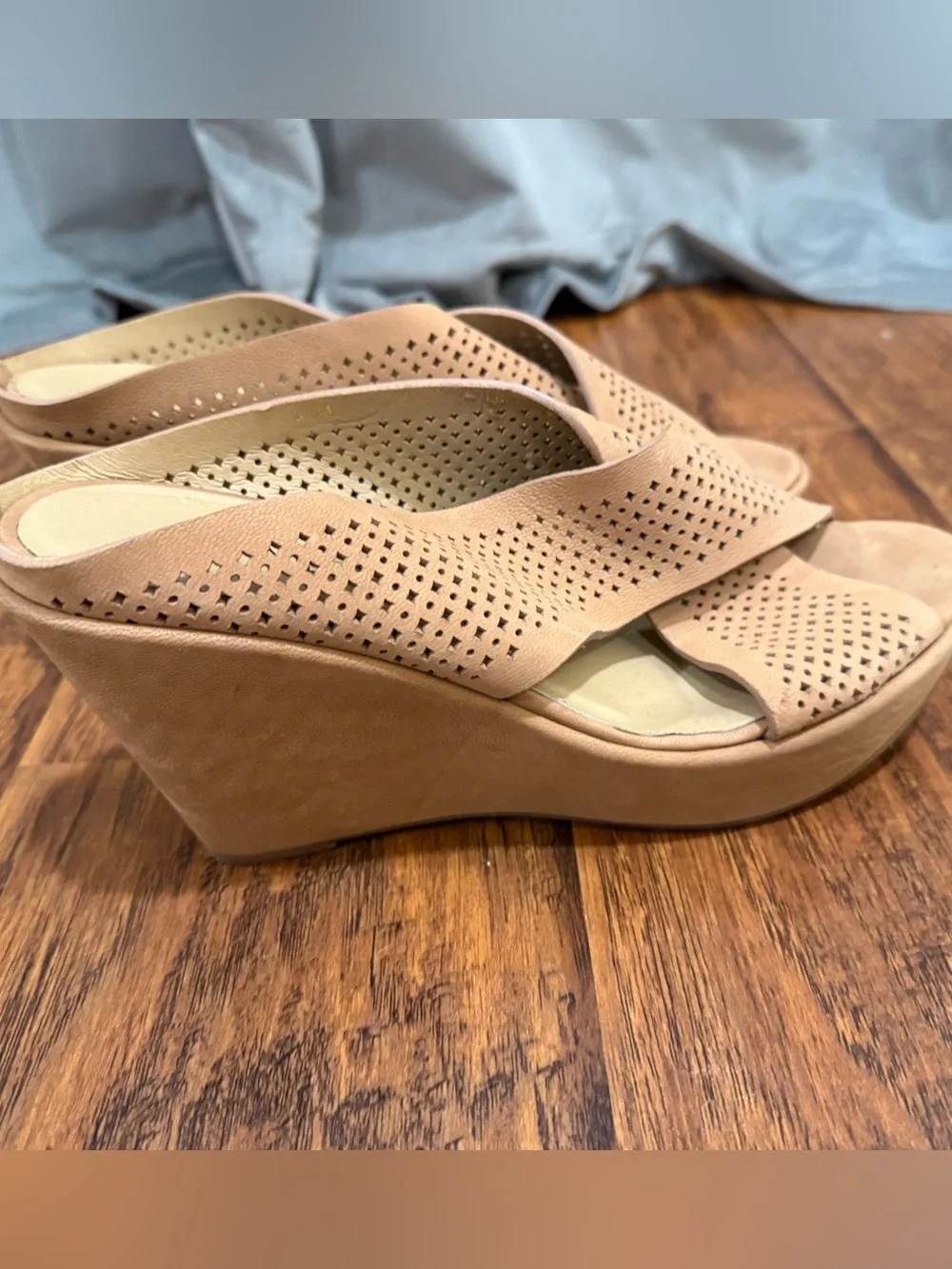 Vaneli Beige Perforated Wedge Sandals